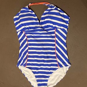 L Swimsuit Blue White Stripe One Piece Orange